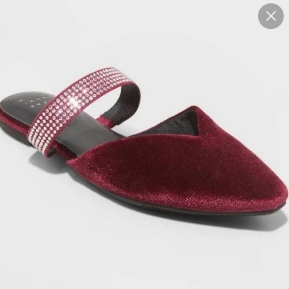 A New Day Burgundy Velvet Slip On Flats with Rhinestone Strap